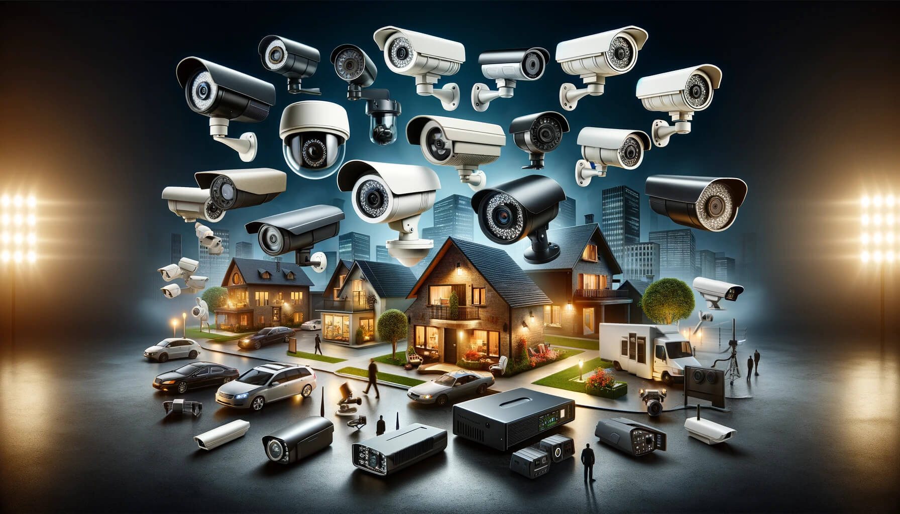 An image showcasing a variety of security cameras and surveillance equipment.